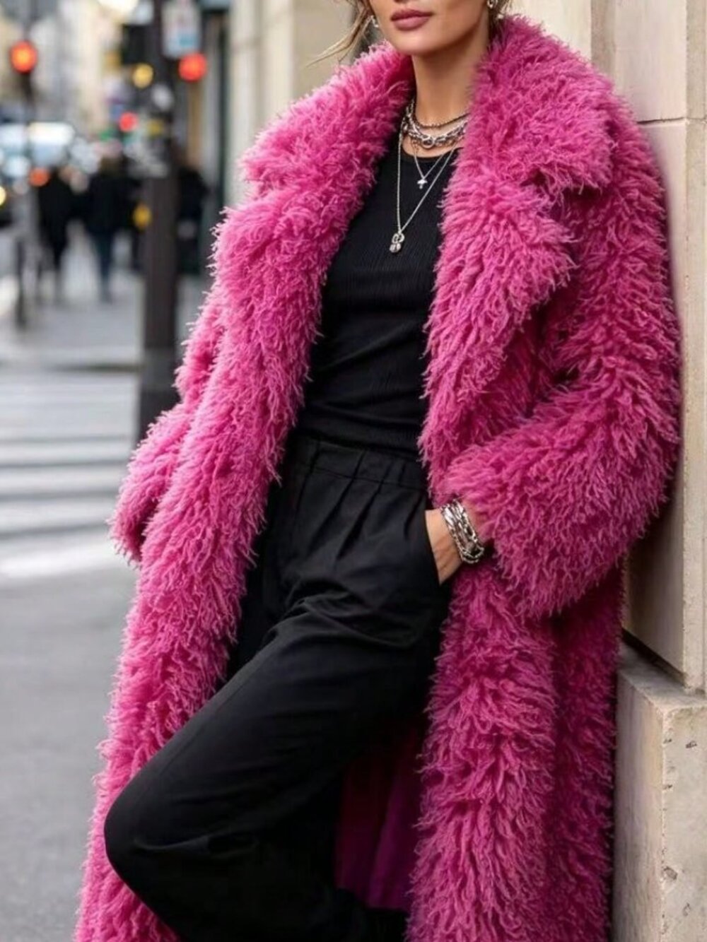 Hot Pink Casual Women's Faux Fur Coat - Picture 3 of 6